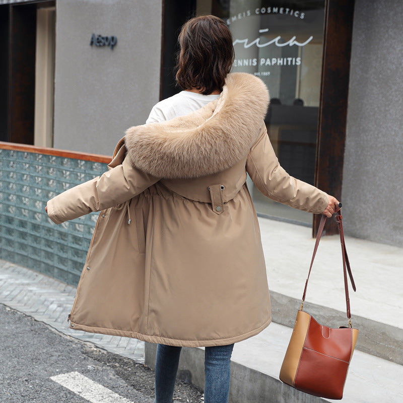 Korean version of long and medium length big fur collar with fleece jacket cotton jacket for women's fashion