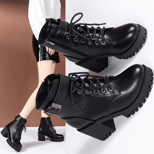 Lace up round toe buckle with thick sole short tube women's fashionable Martin boots