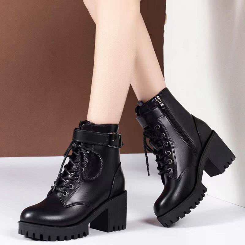 Lace up round toe buckle with thick sole short tube women's fashionable Martin boots