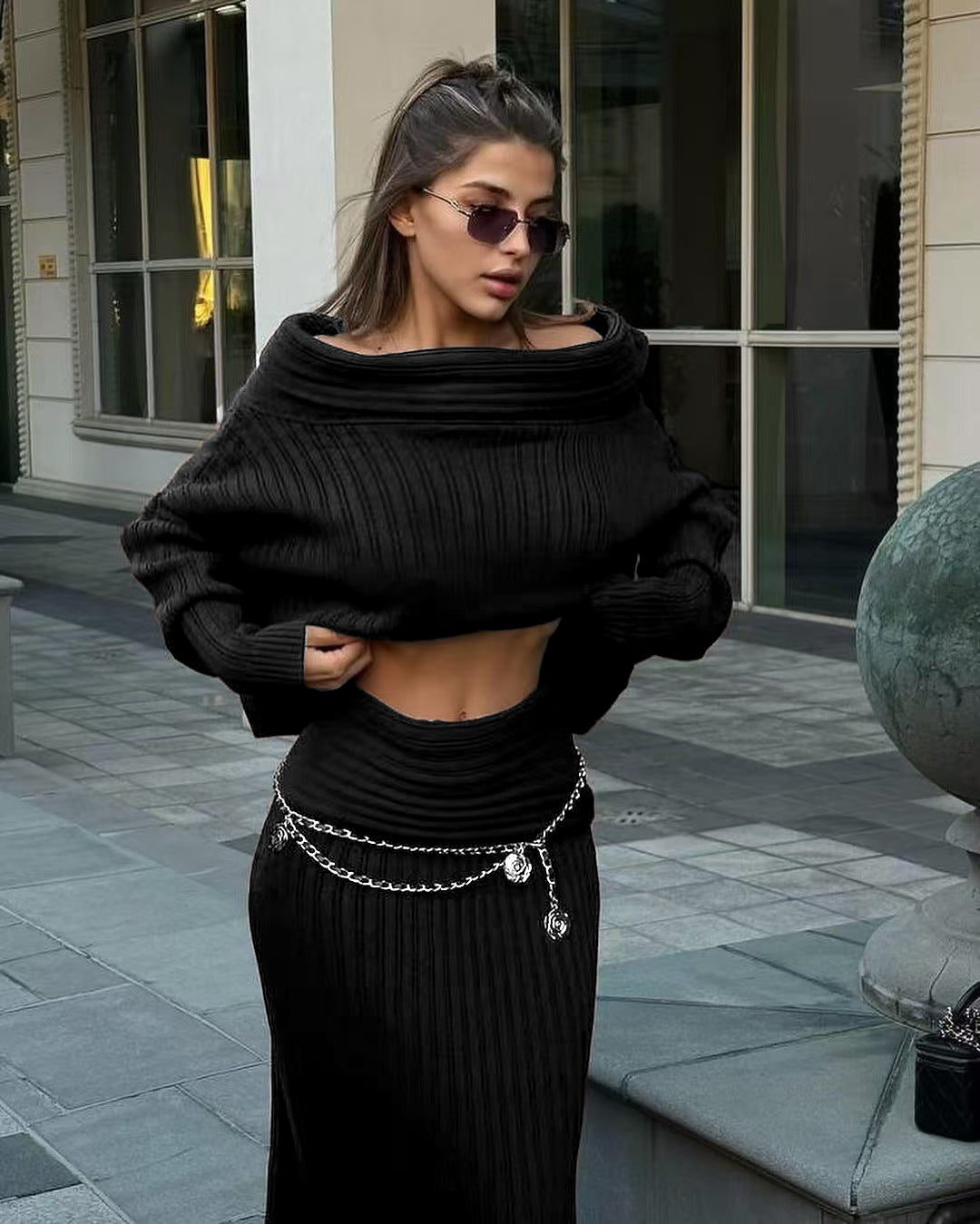 Winter Knitted Two Piece Set for Women Elegant Off Shoulder Sweater Pullover Top Slim Skirt Suit Fashion Office Ladies Outfits