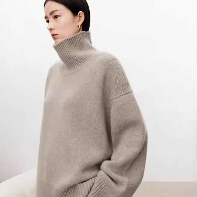 High neck cashmere sweater for women loose and thick with Woolen sweater with a knitted base