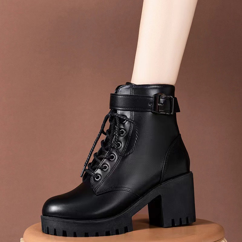 Lace up round toe buckle with thick sole short tube women's fashionable Martin boots