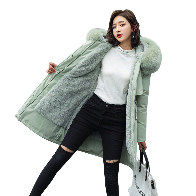 Korean version of long and medium length big fur collar with fleece jacket cotton jacket for women's fashion