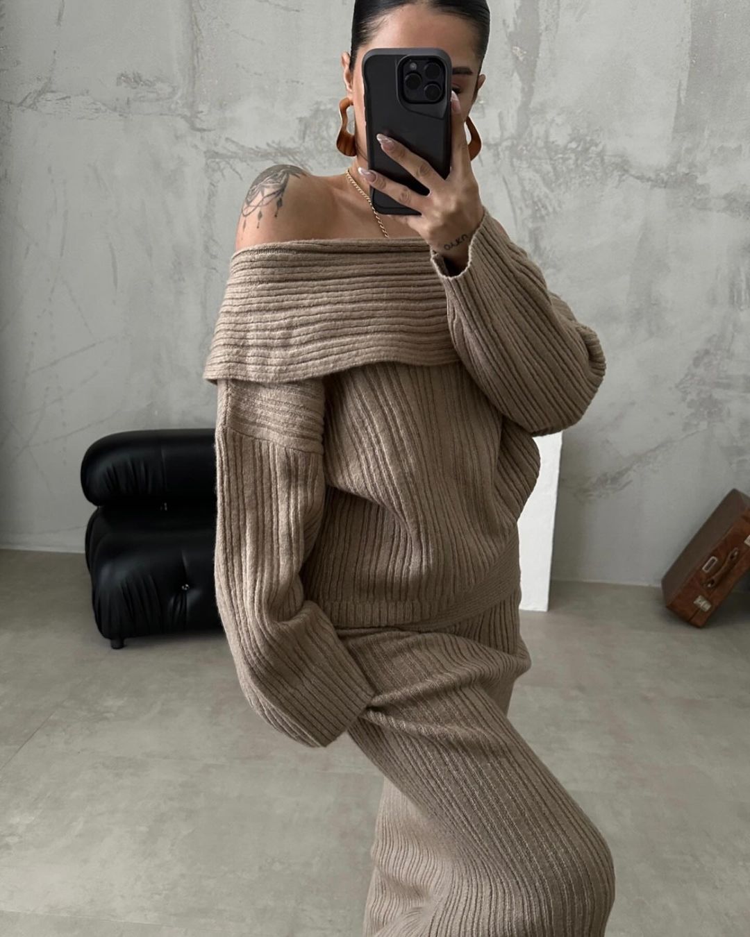 Winter Knitted Two Piece Set for Women Elegant Off Shoulder Sweater Pullover Top Slim Skirt Suit Fashion Office Ladies Outfits